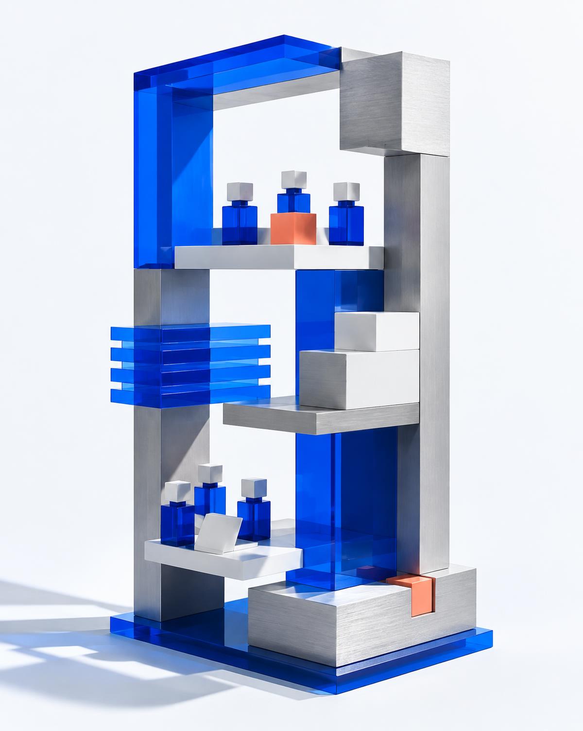 Cobalt and silver architectural forms representing teams building within a shared framework